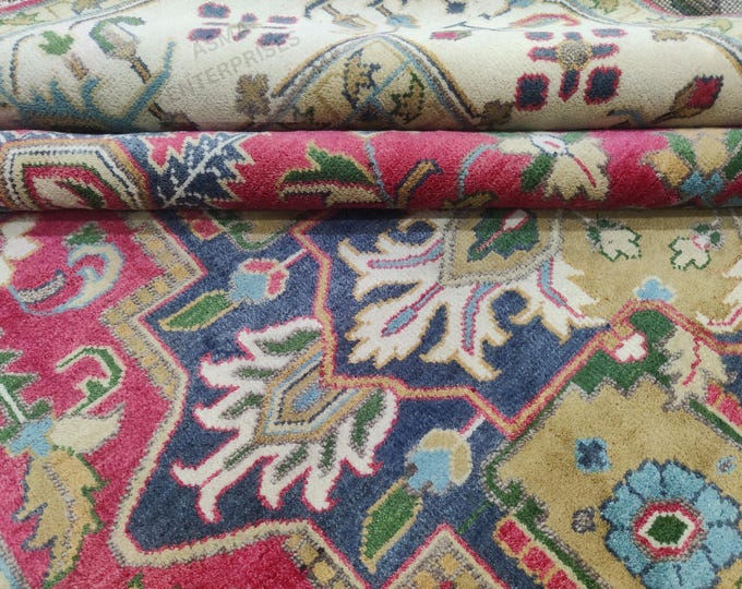 Hand-Knotted Heriz Wool Rug 10x14: Red & Blue Persian Style