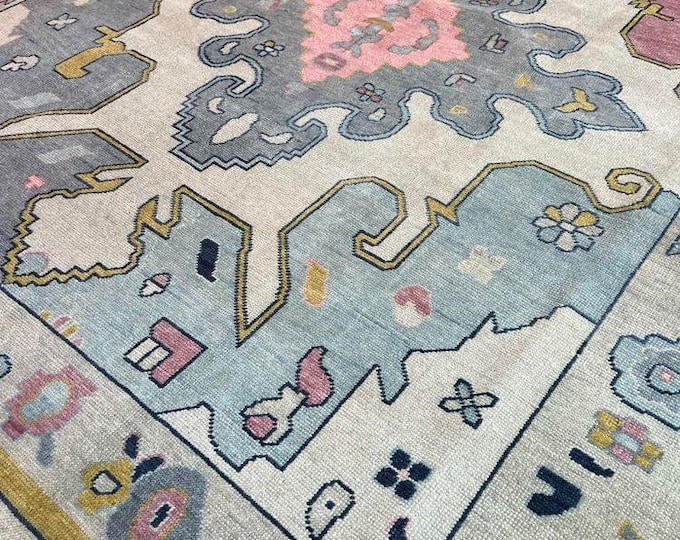 Hand Knotted Turkish Oushak Rug: Floral Wool Area Rug