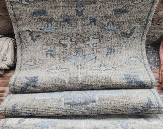 Hand-Knotted Oushak Runner Rug: Vintage Turkish Pastel Wool Rug