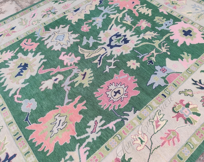Hand Knotted Green Oushak Rug: Turkish Wool Area Rug