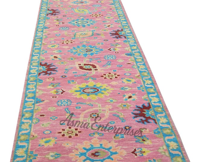 Hand Knotted Pink Oushak Rug: Modern Turkish Wool Area Rug Runner