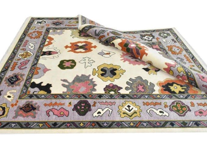 Hand Knotted Colorful Oushak Wool Rug: Antique Turkish Wool Area Living Room Bedroom