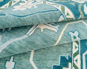 Hand-Knotted Oushak Wool Rug: Bluish Green Floral Design Turkish Area Rug For Home Decor