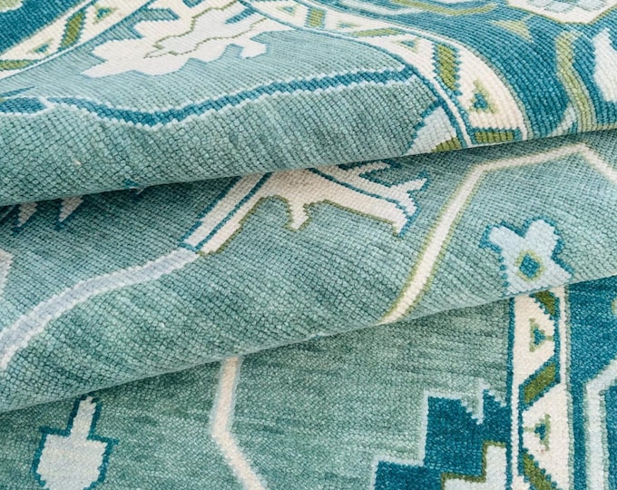 Hand-Knotted Oushak Wool Rug: Bluish Green Floral Design