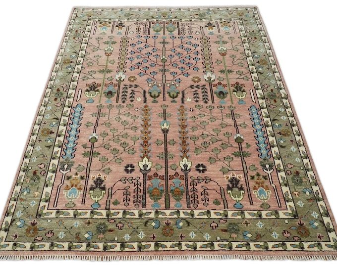 Hand Knotted Pink Oushak Rug: Antique Turkish Wool Area Rug
