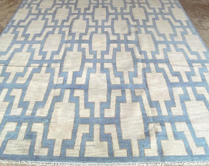 Modern Oushak Rug Geometric Pattern Hand Knotted Rug, Antique Turkish Wool Area