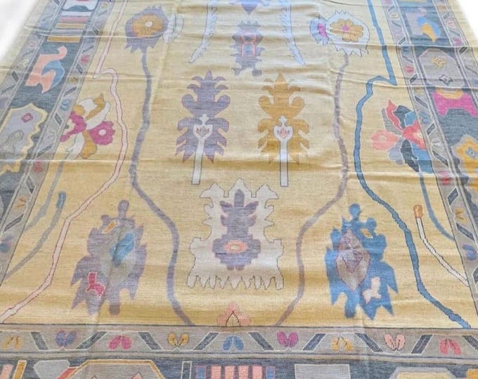 Hand-Knotted Rose Gold Oushak Rug: 10x14 Turkish Wool Area Rug