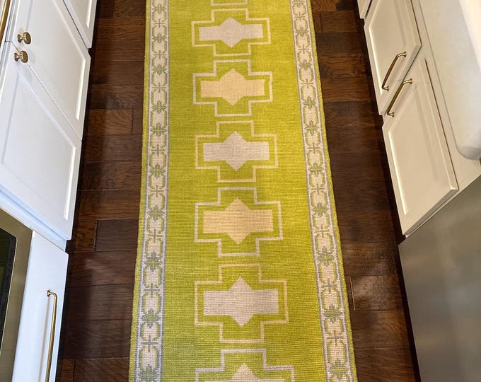Hand Knotted Runner Green Oushak Rug, Antique Turkish Area Home Decor Entryway Kitchen & dining