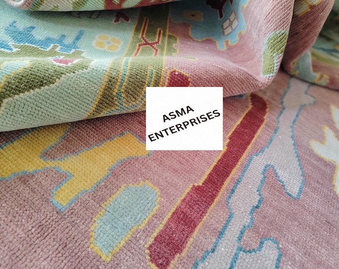 Hand Knotted Oushak Wool Rug: Pink Modern Turkish Area Rug