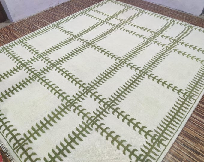 Hand Knotted Oushak Rug: White & Green Wool, Turkish Area Rug