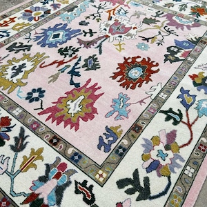 Hand Knotted Indian Oushak Wool Rug: Light Pink Modern Area Rug