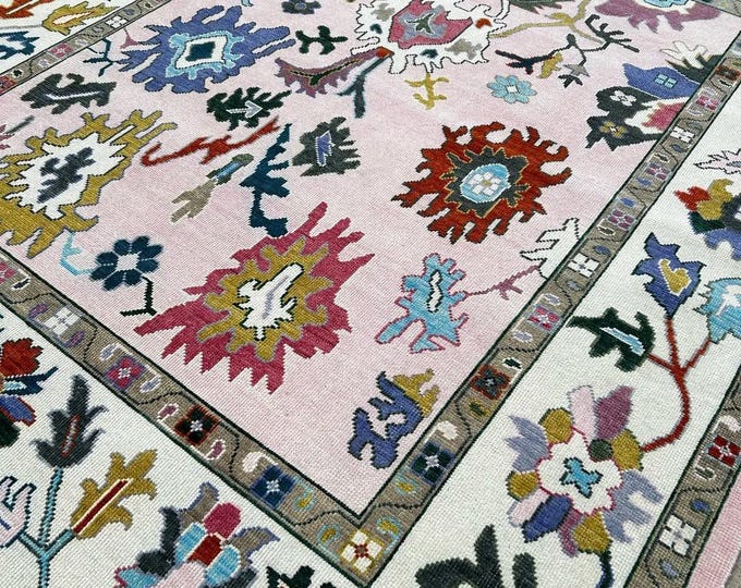 Hand Knotted Indian Oushak Wool Rug: Light Pink Modern Area Rug