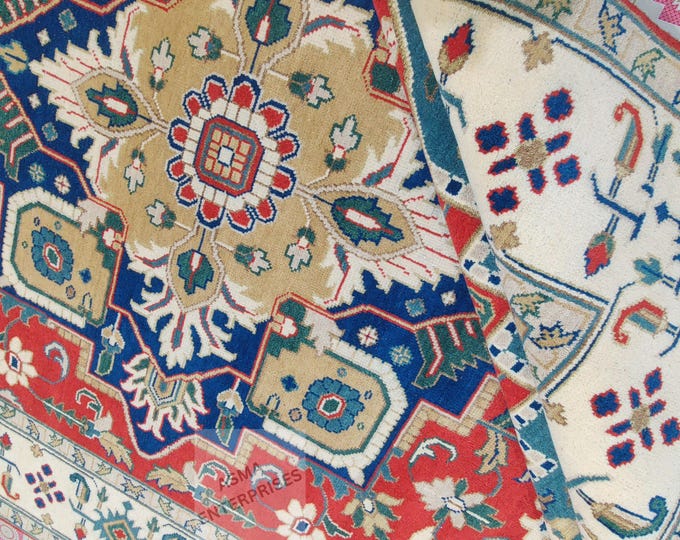 Hand-Knotted Indian Heriz Wool Rug 10x14: Modern Serapi Design