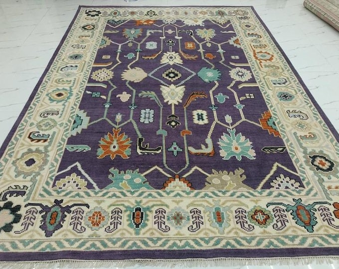 Oushak Rug Purple & Beige Luxury Hand Knotted Rug, Antique Turkish Wool Area Home Decor