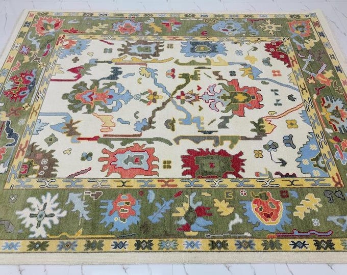 Hand Knotted Oushak Wool Rug: White & Green Oriental Antique Turkish Area Rug, Home Decor