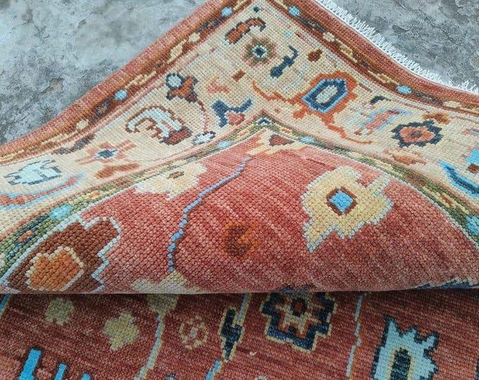 Pink Oushak Rug Hand Knotted Turkish Area Rug, Antique Pastel Wool Living Room Bedroom