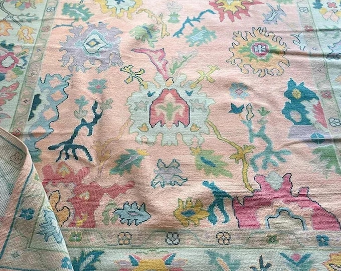 Hand-Knotted Pink Oushak Rug: Modern Turkish Wool Area Rug