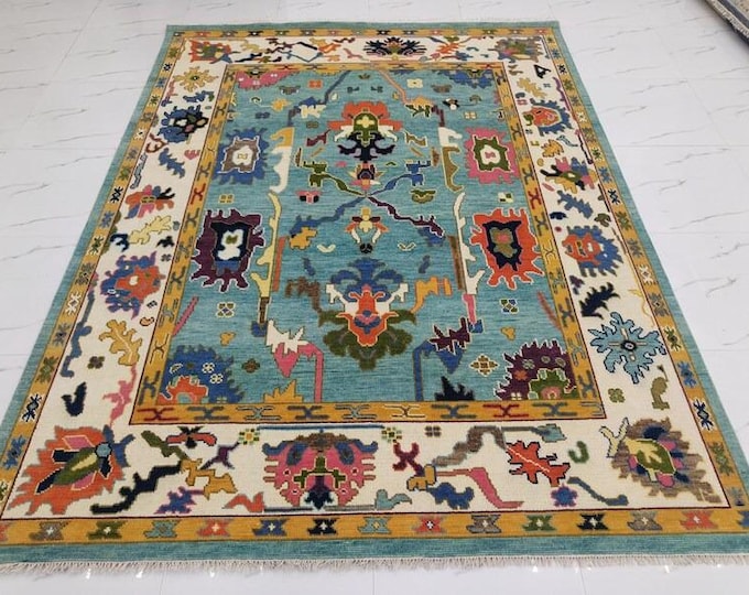 Hand Knotted Blue & White Oushak Wool Rug, Turkish Antique Wool Large Area Home Decor