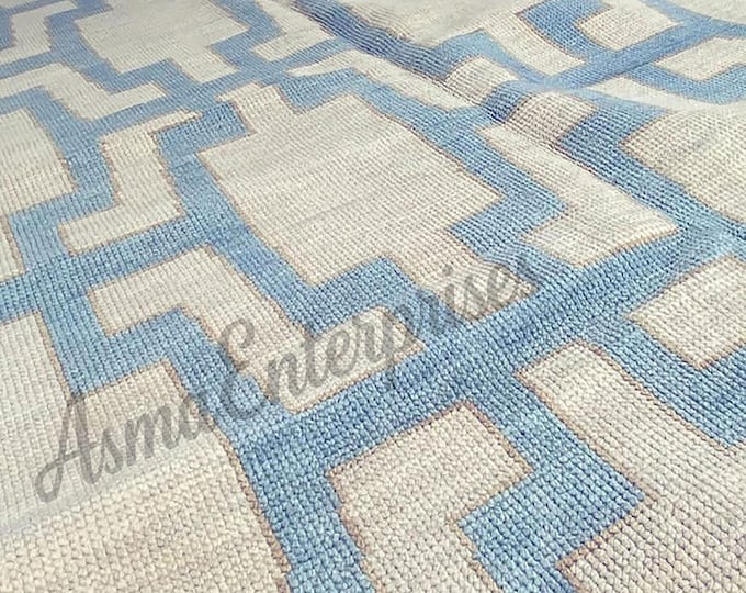 Hand-Knotted Oushak Wool Rug 8x10: Beige & Blue Geometric Design