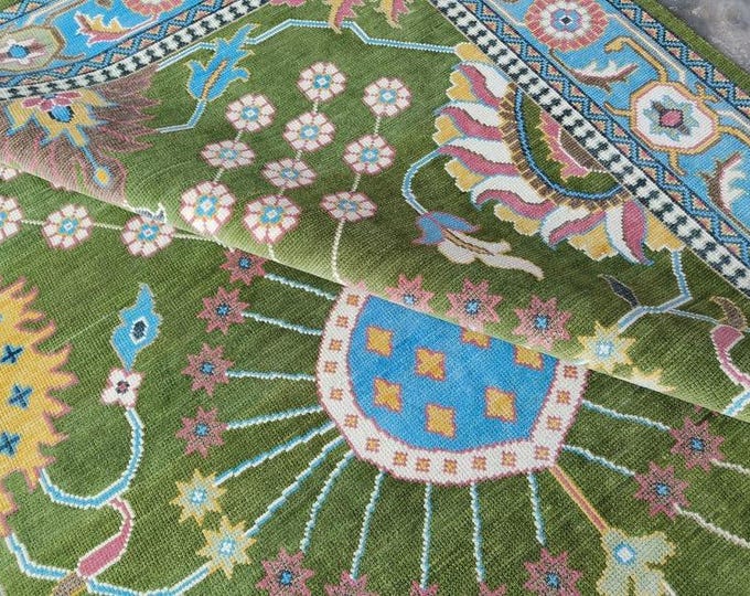 Oushak Rug Green & Blue Hand Knotted Rug, Antique Turkish Wool Area Rug For Living Room Bedroom Home