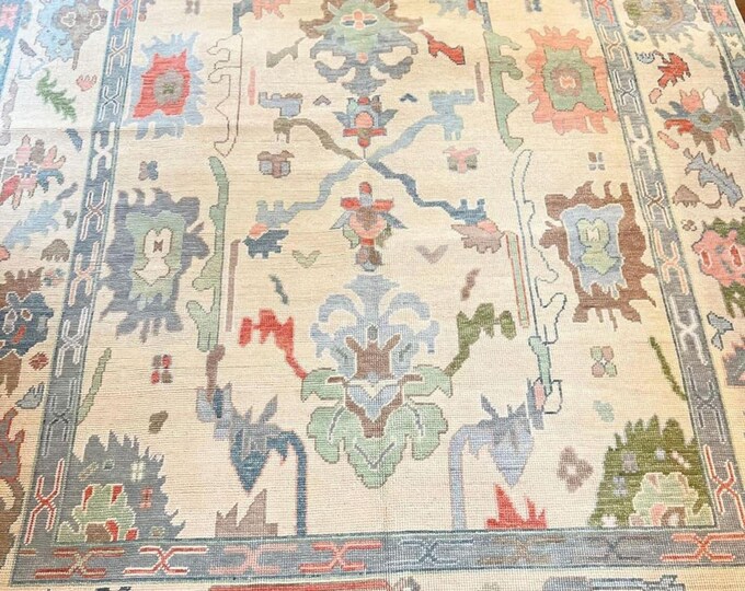 Hand Knotted Wool Oushak Rug, Antique Pastel Rug Turkish Area Living Bedroom Home Decor.