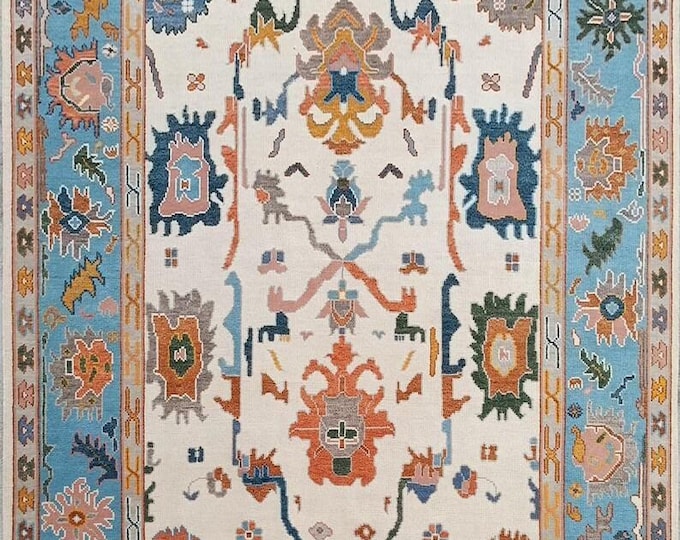 Oushak Rug White & Blue Hand knotted Rug, Turkish Wool Antique Area Living Room Bedroom