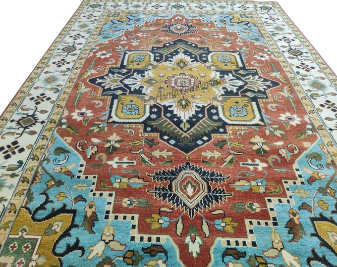Hand-Knotted Heriz Wool Rug 10x14: Persian Oriental Rug