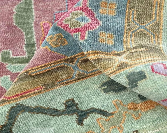 Hand-knotted Oushak Rug 9x12: Pink & Gray Vintage Turkish Wool Area Rug