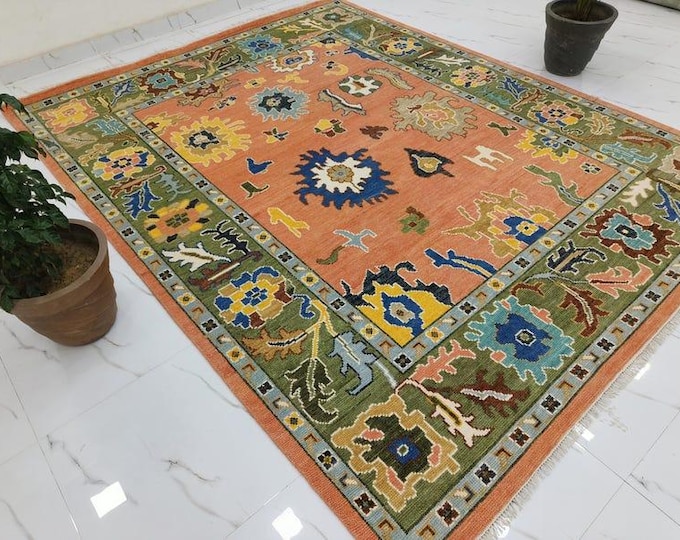 Hand-Knotted Oushak Wool Rug: Colorful Luxury Turkish Antique Area Rug Living Bedroom Home Decor