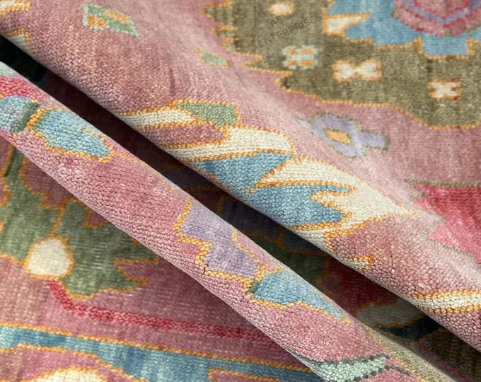 Hand-knotted Oushak Rug 9x12: Pink & Gray Vintage Turkish Wool Area Rug