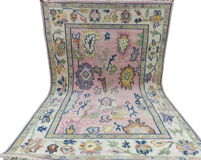 Hand-knotted Oushak Rug 4x6: Pink & ivory Antique Turkish Wool Area Rug