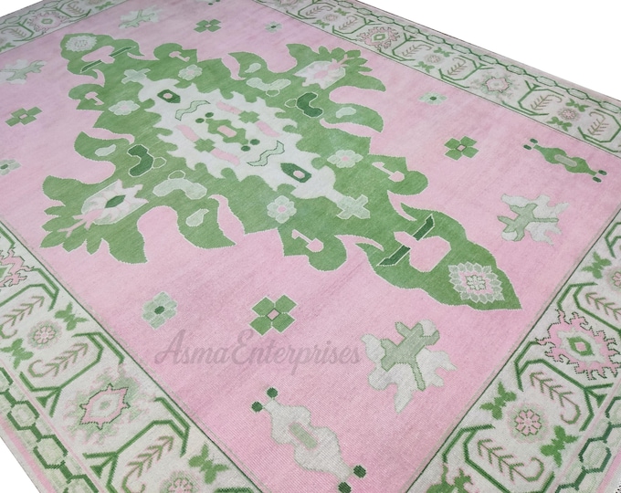 Hand Knotted Pink Oushak Rug: Modern Turkish Wool Area Rug