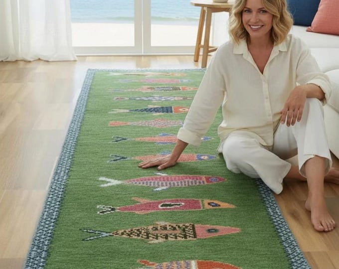 Koi Fish Runner Rug: Green Colorful Carpet Handmade Wool Area Rug Home Decor