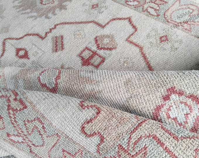 Hand Knotted Oushak Wool Rug: Antique Turkish Pastel Area Rug