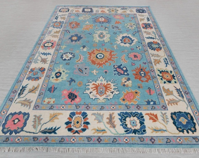 Handmade Oushak Wool Rug: Modern Turkish Area Rug, Blue Accent, 6x9