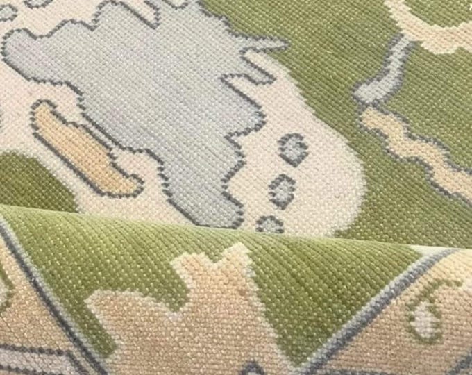 Hand Knotted Green Oushak Rug: Antique Turkish Style, New Zealand Wool