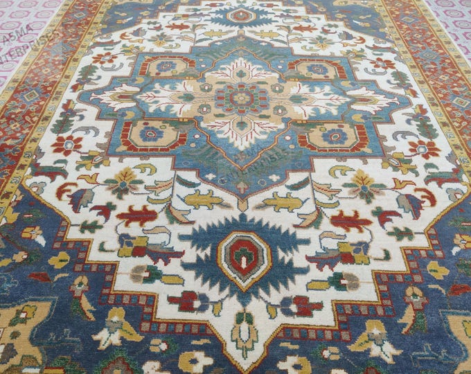 Hand-Knotted Heriz Wool Rug 9x12: Persian Oriental Area Rug