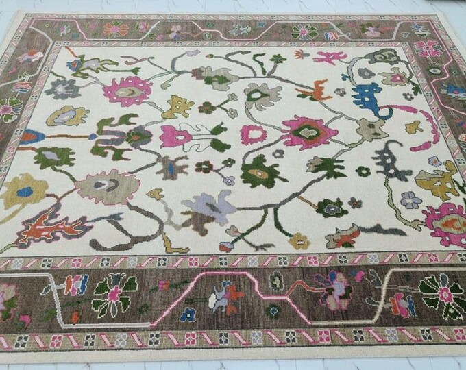 Oushak Rug White & Pink Hand Knotted Rug, Antique Turkish Wool Area Living Room Bedroom,