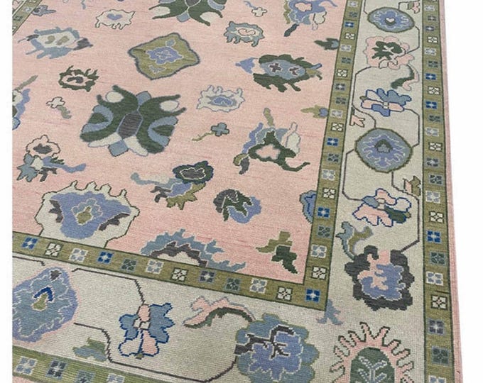Hand-Knotted Oushak Wool Rug: Pink, Gray & Green, Customizable