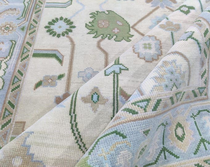 Hand-Knotted Oushak Rug: Cream Pastel Wool Turkish Area Rug