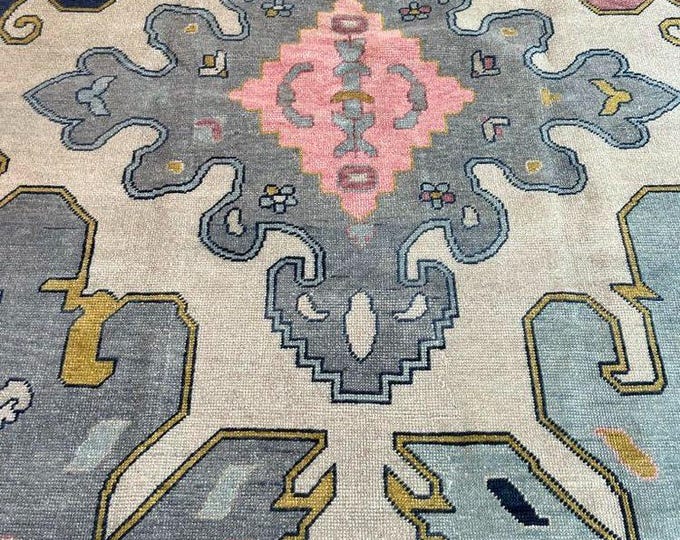 Hand Knotted Turkish Oushak Rug: Floral Wool Area Rug
