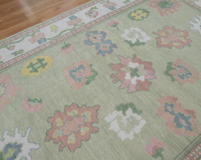 Hand Knotted Oushak Wool Rug: Pink, Green, Modern Turkish Decor