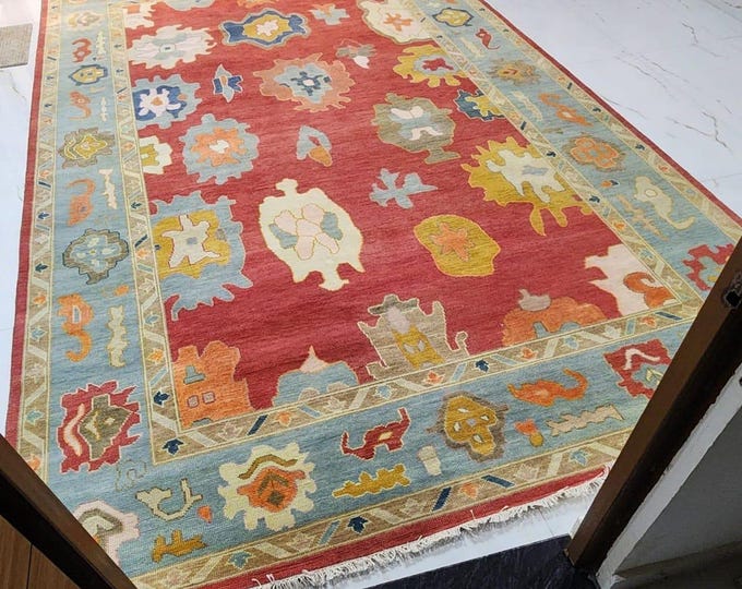 Hand Knotted Red Oushak Rug, Indian Antique Turkish Wool Large Area Rug Home Decor