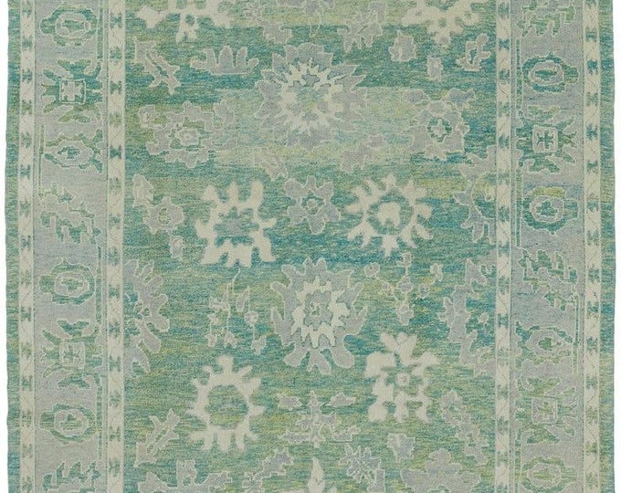 Hand Knotted Oushak Rug: Green Grey Turkish Style, New Zealand Wool