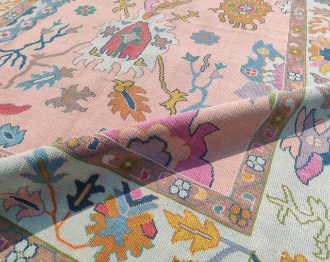 Hand Knotted Pink Oushak Rug: Modern Turkish Wool Area Rug