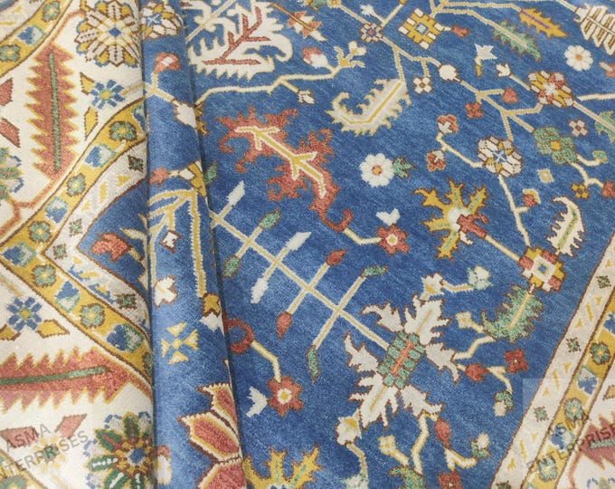 Hand-Knotted Heriz Wool Rug 12x15: Antique Serapi Style, Blue Accent