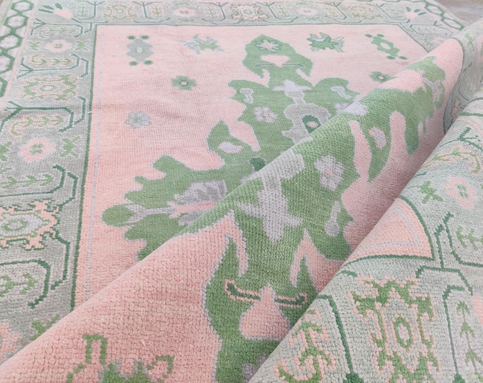 Hand Knotted Oushak Wool Rug: Pink, Green, Modern Turkish Decor