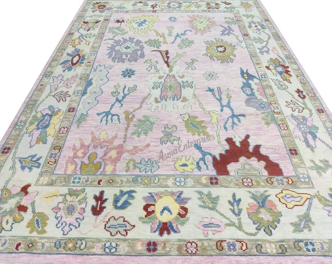 Hand-Knotted Oushak Wool Rug: Pink Ivory Turkish Antique Style