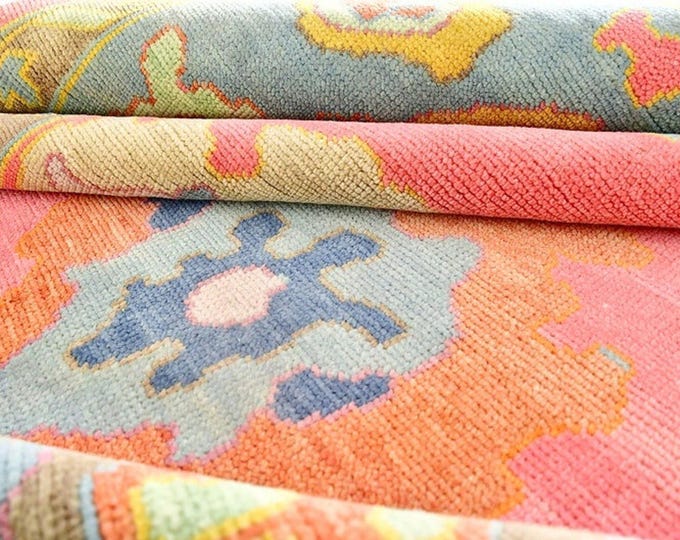 Hand-Knotted Turkish Oushak Wool Rug: Pink Multi Color, Antique Style