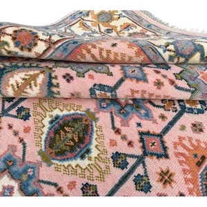 Hand Knotted Oushak Wool Rug: Pink Modern Turkish Area Rug